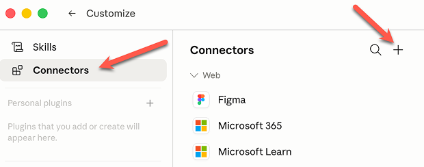 Customize view with the Connectors tab selected and the plus button for adding a new connector.