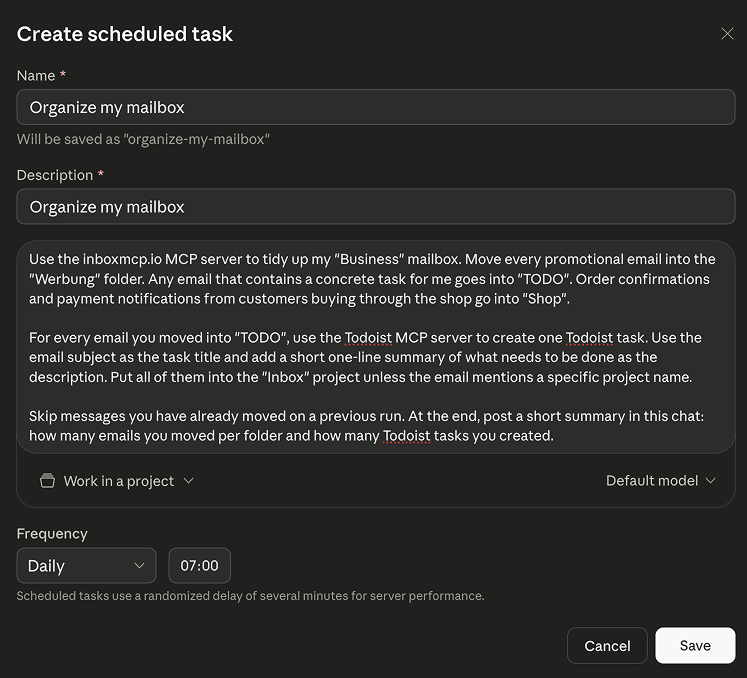 Cowork's "Create scheduled task" dialog with name, description, prompt and a daily 07:00 schedule filled in.